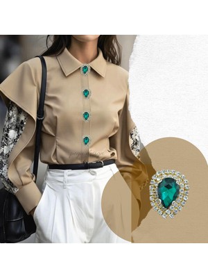 Pegu Zümrüt Yeşil Damla Taş 1 Adet Trend Düğme Broş , Düğme Geçirme Aparatlı