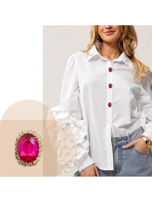 Pegu 1 Adet Pembe Oval Kristal Taş Trend Düğme Broş , Düğme Geçirme Aparatlı