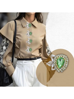 Pegu Fıstık Yeşil Damla Taş 1 Adet Trend Düğme Broş , Düğme Geçirme Aparatlı