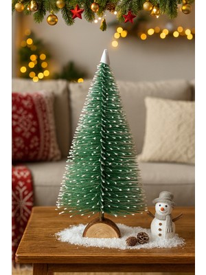 Empressco Bükülebilir 35 cm Yeşil Masa Üstü Yılbaşı Çam Ağacı, Kar Taneleri Detaylı, Ahşap Tabanlı