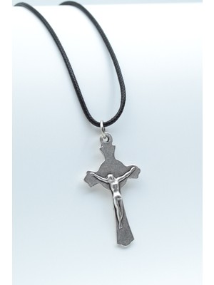 Alooya Hz. İsa Haç Gümüş Kaplama Deri İp Kolye