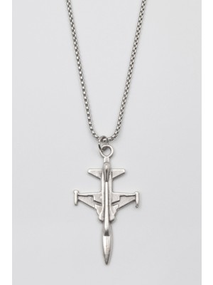 Alooya F-5 Tiger Jet Uçağı Kolye - Örme İthal Zincirli Unisex Gümüş Kaplama Havacılık Takısı - 60 cm