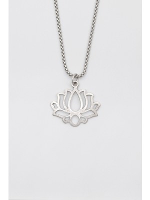 Alooya Lotus Çiçeği Örme Zincir Kolye - Antik Gümüş Kaplama - Kadın Erkek - 60 cm