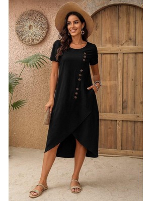 Mossta Bisiklet Yaka Düğme Detaylı Müslin Elbise - Siyah