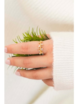 Trend Collection Gold Yaprak Form Zirkon Taşlı Ayarlanabilir Kadın Yüzük