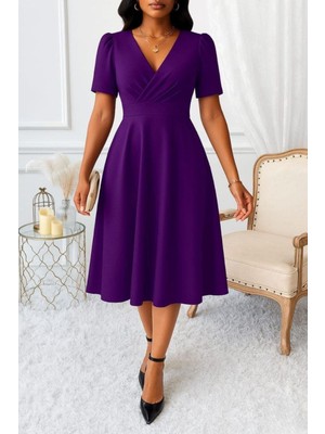 Mossta Kruvaze Yaka Kısa Kollu Midi Krep Elbise - Mor