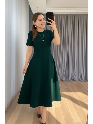 Mossta Kısa Kollu Bisiklet Yaka Midi Ithal Krep Elbise - Yeşil