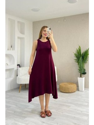 Mossta Kolsuz Asimetrik Kesim Viskon Elbise - Bordo