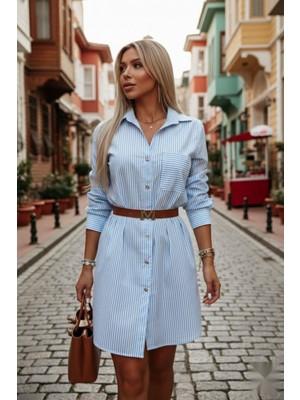 Mossta Cep Detaylı Çizgili Terikoton Gömlek Elbise Mavi