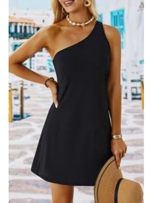 Mossta Tek Omuz Mini Krep Elbise - Siyah