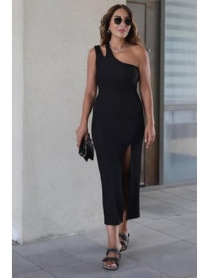 Mossta Tek Omuz Yırtmaçlı Midi Krep Elbise - Siyah