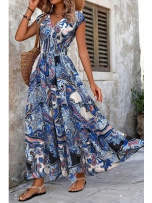 Mossta Desenli V Yaka Kısa Kollu Maxi Elbise - Mavi