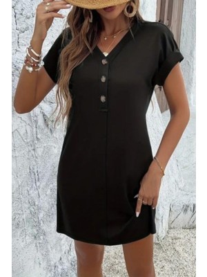 Mossta V Yaka Düğme Detaylı Kısa Kollu Mini Elbise - Siyah