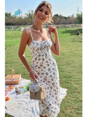 Mossta Ince Askılı Bağcıklı Desenli Süprem Elbise - Bej