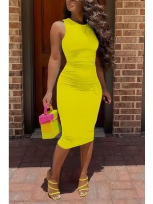 Mossta Sıfır Kol Bisiklet Yaka Midi Boy Dalgıç Elbise - Sarı