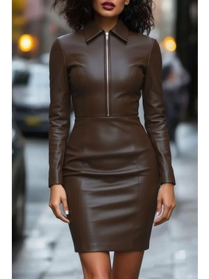 Mossta Yakalı Fermuar Detaylı Mini Deri Elbise - Kahve