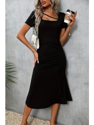 Mossta Kısa Kollu Asimetrik Yaka Midi Krep  Elbise - Siyah