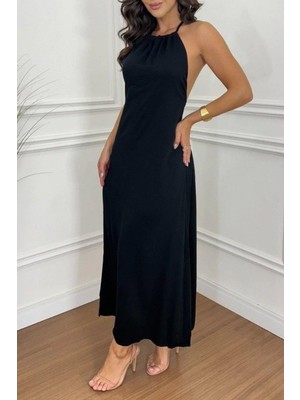 Mossta Halter Yaka Sırt Dekolteli Viskon Elbise - Siyah