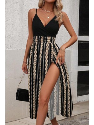 Mossta Kruvaze Yaka Desenli Yırtmaçlı Midi Elbise - Siyah