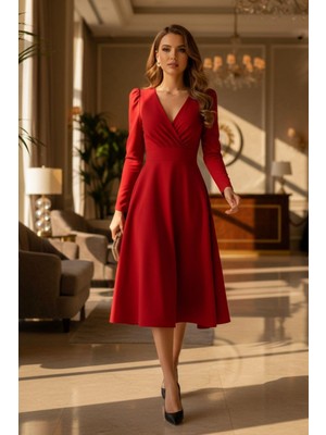 Mossta Minimal Tasarım Bel Oturtmalı Midi Kırmızı Elbise