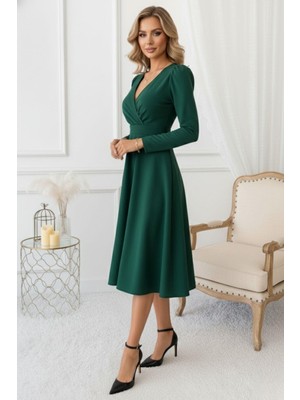 Mossta Zümrüt Yeşili Kruvaze Yaka Uzun Kollu Midi Elbise