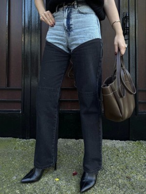 Pusula Sepeti Jeans Kot Parçalı Palazzo Pantolon - Siyah