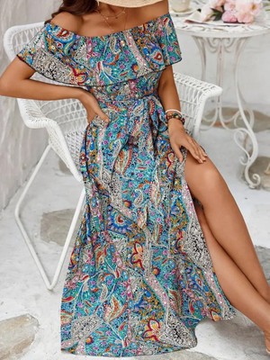 Pusula Sepeti Kadın Kısa Kollu Madonna Yaka Fırfırlı Belden Yırtmaçlı Maksi Süprem Elbise