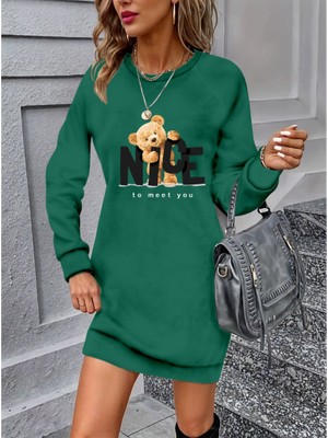 Pusula Sepeti Kadın Uzun Kollu Bisiklet Yaka Ayı Desenli Viskon Iki Iplik Elbise