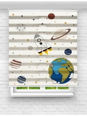 MAS Uzay Mekiği Temalı Zebra Perde 100 cm Çocuk Odası İçin Polyester Kumaş ve Kolay Montaj