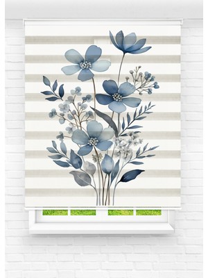 MAS Mutfak Odası - Mavi Çiçek Desenli Dijital Baskılı Zebra Stor Perde