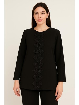 Büyük Beden Simli Dantel Aksesuarlı Abiye Örme Ceket-Siyah
