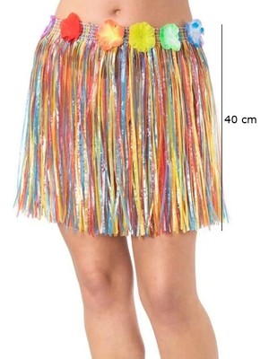 Yetişkin ve Çocuk Uyumlu Rengarenk Püsküllü Hawaii Luau Hula Etek 40 cm