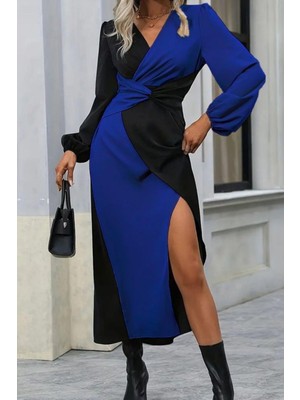 Mossta Kruvaze Yaka Bel Detaylı Midi Ithal Krep Elbise - Mavi