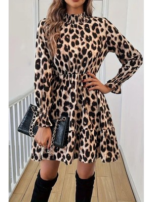Mossta Balıkçı Yaka Leopar Desenli Modal Elbise - Leopar