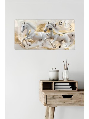 KutuTR 3D Görünümlü Temperli Cam Saat Tablo – Beyaz Atlar Tasarım – Uv Baskı 60X30 cm - YSG011