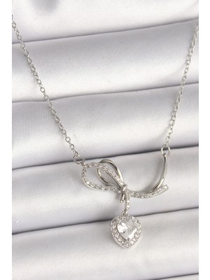 TrentCo 316L Çelik Gümüş Renk Zincir Zirkon Taşlı Düğüm Sallantı Kalp Figür Kadın Kolye - TJ-BKO9856