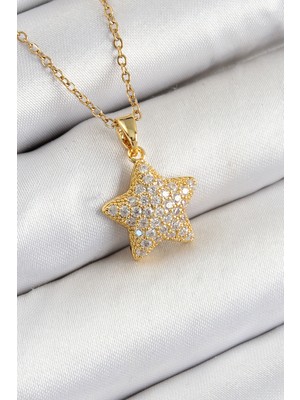 TrentCo 316L Çelik Zirkon Taşlı Yıldız Model Gold Renk Kadın Kolye - TJ-BKO10351