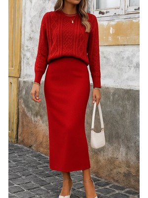 Arben Boutique Kadın Uzun Kollu Balıkçı Yaka Bluz ve Etek Ikili Triko Takım