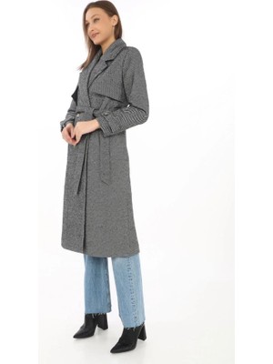 Ahes Shopping Uzun Kaşe Kaban – Balık Sırtı Dokuma Kaşmir Kumaş, Kruvaze Yaka, Kuşaklı Cepli Model, Oversize Rahat Kalıp - Boyalı Gri