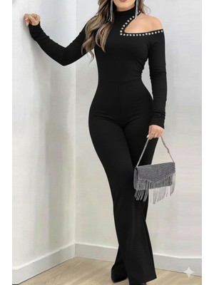 Ahes Shopping Kadın Tek Omuzdan Açık Balıkçı Yaka Taş Detaylı Uzun Ithal Krep Tulum