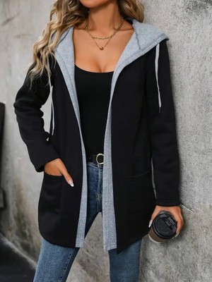 Mç Plus Kadın Uzun Kollu Kapşonlu Çift Renkli Şardonlu Iki Iplik Ceket