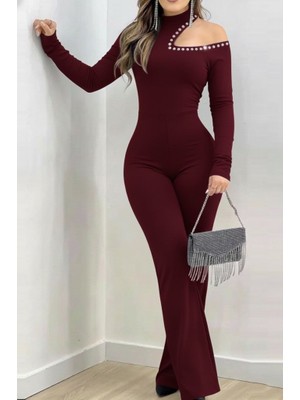 Gökyüzü Moda Kadın Tek Omuzdan Açık Balıkçı Yaka Taş Detaylı Uzun Ithal Krep Tulum
