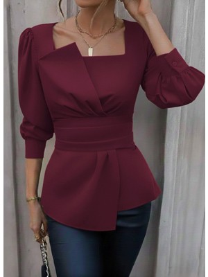 Passense Kadın Uzun Kollu Geometrik Yakalı Belden Oturmalı Ithal Krep Bluz