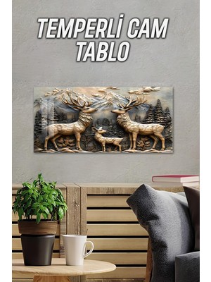 KutuTR 3D Görünümlü Temperli Cam Tablo – Dağ Manzaralı Geyik Ailesi Uv Baskı 60X30 Cm- TVD060