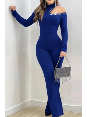 Arben Boutique Kadın Tek Omuzdan Açık Balıkçı Yaka Taş Detaylı Uzun Ithal Krep Tulum