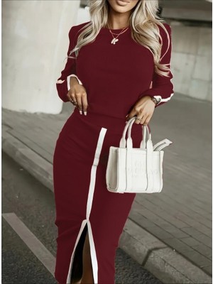 Gökyüzü Moda Kadın Uzun Kollu Bisiklet Yaka Kaşkorse Bluz ve Yırtmaçlı Etek Ikili Takım