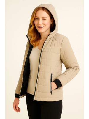 Aisha Elbise Şişme Kapüşonlu Fermuarlı Mont Su Itici Kapitone Astarlı Kumaş Cepli Kışlık Rahat Kalıp - Bej