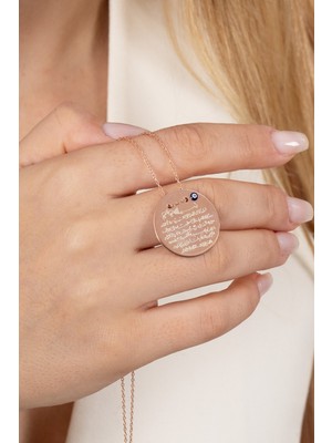 Söğütlü Silver 925 Ayar Gümüş Kolye Rose Ayetel Kürsi Yazılı Nazarlı Büyük Boy Plaka Kolye SGTL13138ROSE