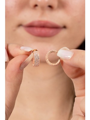 Söğütlü Silver 925 Ayar Gümüş Küpe Rose Zirkon Taşlı 3 Sıra Tamtur Halka Küpe SGTL13163ROSE