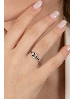 Söğütlü Silver 925 Ayar Gümüş Yüzük Oksitli Ay ve Zincir Ayarlamalı Yüzük SGTL13124SIYAH